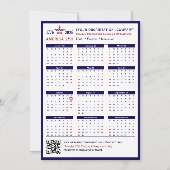 Amerika 250 Patriotic Blue 2026 Kalender Keepake (Vorderseite)