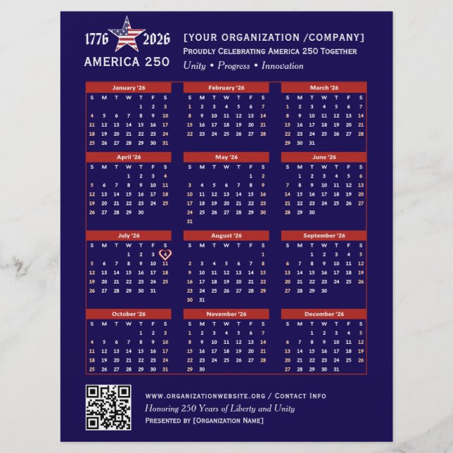 Amerika 250 Patriotic Blue 2026 Kalender Keepake Flyer (Vorne)