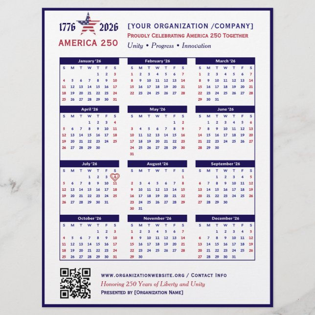 Amerika 250 Patriotic Blue 2026 Kalender Keepake Flyer (Vorne)