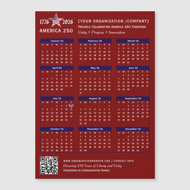 Amerika 250 Patriotischer Roter Kalender 2026 Keep Magnetkarte (Vorderseite)
