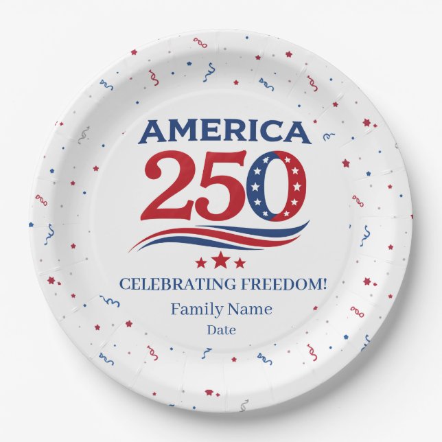 AMERIKA 250 - Personalisierter roter weißer blauer Pappteller (Vorderseite)