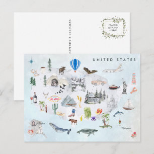 Amerika Aquarell-Illustrierte USA-Karte Postkarte