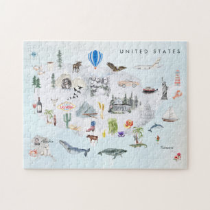 Amerika   Aquarell-Illustrierte USA-Karte Puzzle
