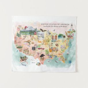 Amerika   Aquarell-Illustrierte USA-Karte Wandteppich