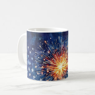 Amerika-Feier. Sterne und Feuerwerk. Kaffeetasse