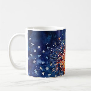 Amerika-Feier. Sterne und Feuerwerk. Kaffeetasse