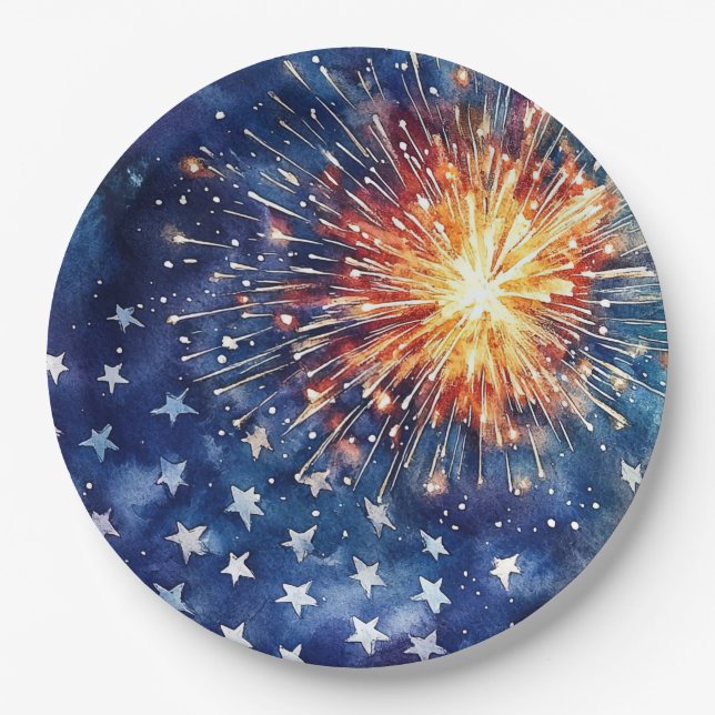 Amerika-Feier. Sterne und Feuerwerk. Pappteller (Vorderseite)