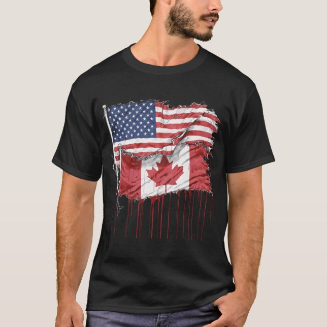 Amerika Kanada Flaggen Halb-Amerikaner Halb-Kanadi T-Shirt (Vorderseite)