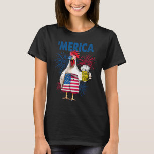 Amerika Lustiges Huhn mit Bier USA-Flagge 4. Juli T-Shirt