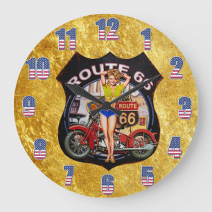 Amerika Route 66 Motorrad mit Goldstruktur Große Wanduhr