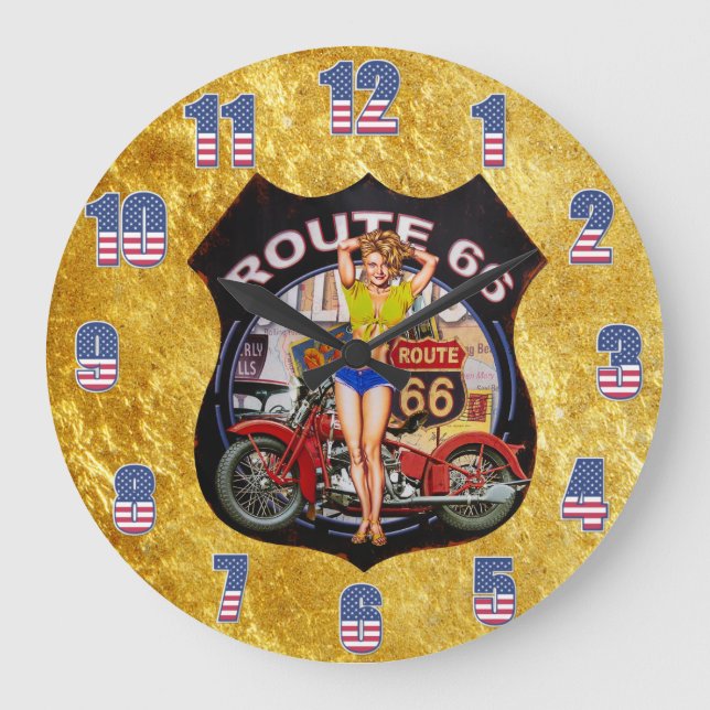Amerika Route 66 Motorrad mit Goldstruktur Große Wanduhr (Vorderseite)