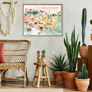 Amerika Watercolor Illustriert USA Map Poster