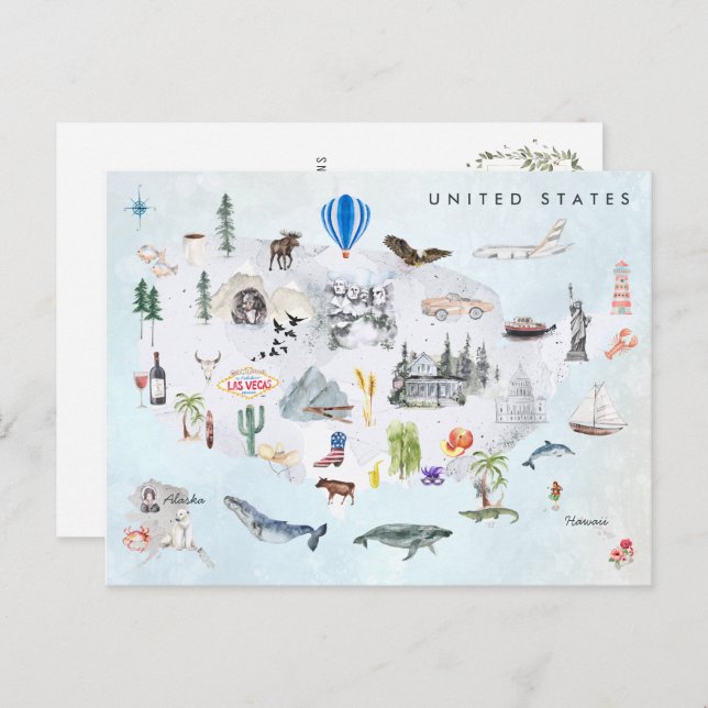 Amerika | Watercolor Illustriert USA Map Postkarte (Vorne/Hinten)