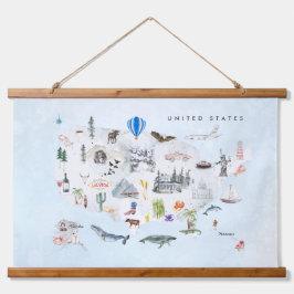 Amerika | Watercolor Illustriert USA Map Wandteppich Mit Holzrahmen