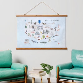 Amerika | Watercolor Illustriert USA Map Wandteppich Mit Holzrahmen