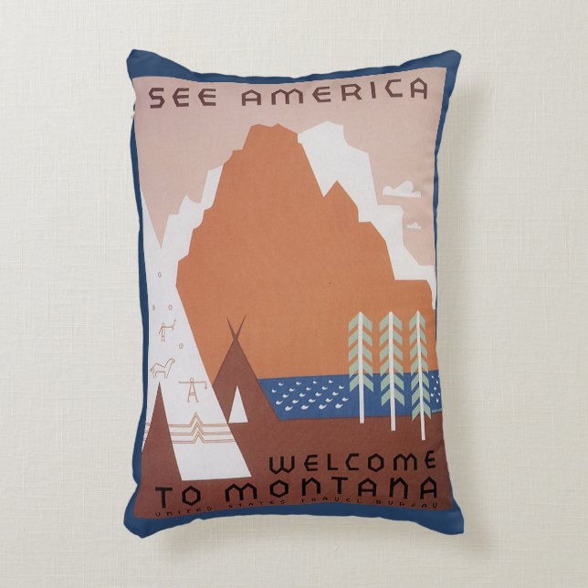 Amerika Willkommen in Montana, Vintage Travel Dekokissen (Vorderseite(Vertikal))
