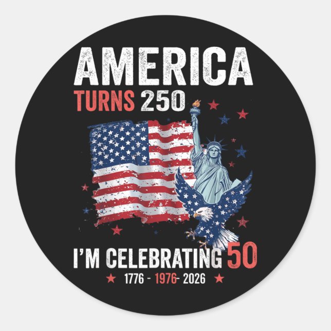 Amerika wird 250, 50 patriotische Feiern Runder Aufkleber (Vorderseite)