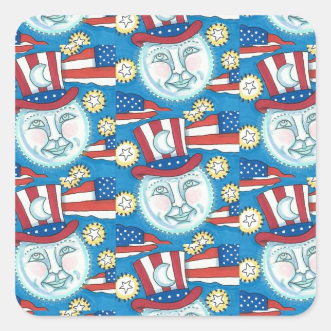 AMERIKANA FOLKART PATRIOTISCHER MANN IM MUND QUADRATISCHER AUFKLEBER (Vorderseite)