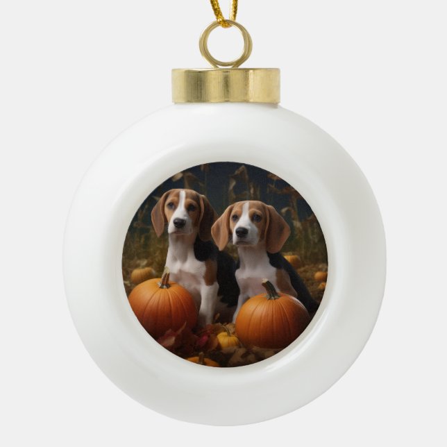 Amerikanisch-englischer Foxhound Welpen Herbst Fre Keramik Kugel-Ornament (Vorderseite)
