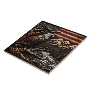 Amerikanische Adlerskulptur mit Bergen und Fahne Fliese