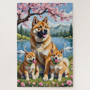 Amerikanische Akita-Familienwiese-Kunst Puzzle