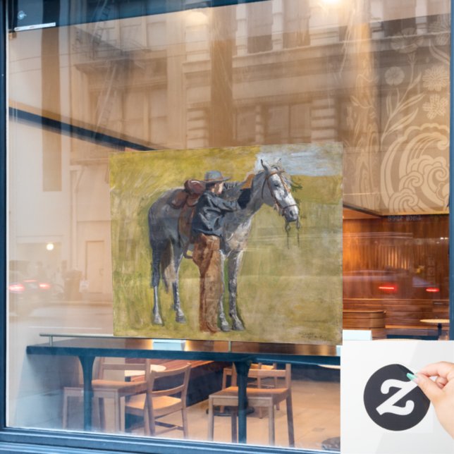 Amerikanische Badlands: Alter Westjunge mit Pferd Fensteraufkleber (Café-Fenster)