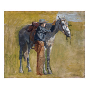 Amerikanische Badlands: Alter Westjunge mit Pferd Fotodruck