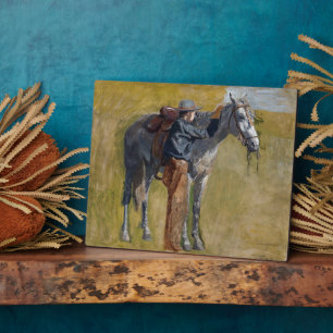 Amerikanische Badlands: Alter Westjunge mit Pferd Fotoplatte