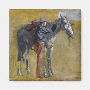 Amerikanische Badlands: Alter Westjunge mit Pferd Magnet