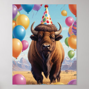 Amerikanische Bison Geburtstagshütte & Ballons Poster