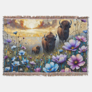 Amerikanische Bisonfamilie in Blumen Decke