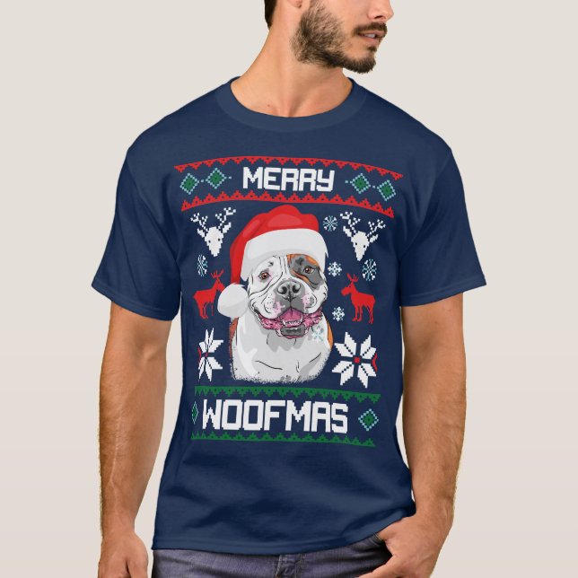 Amerikanische Bulldogge fröhlicher Woofmas T-Shirt (Vorderseite)