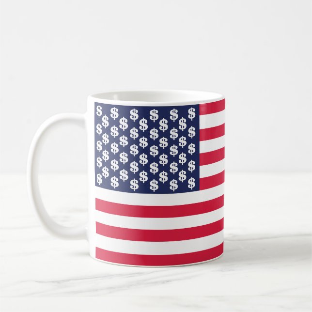 Amerikanische Dollarflagge vereinte Staaten und Kaffeetasse (Links)