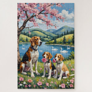 Amerikanische English Foxhound Familienwiese Kunst Puzzle