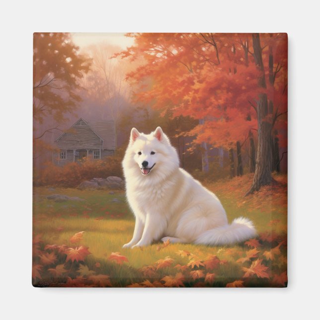 Amerikanische Eskimo im Herbst Leaves Fall Inspiri Magnet (Vorne)