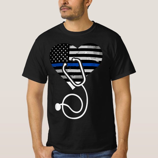 Amerikanische Fahne Herz mit Polizei Thin Blue Lin T-Shirt (Vorderseite)