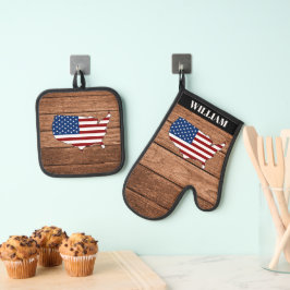 Amerikanische Fahne Holz moderne Custom Ofenhandschuh & Topflappen-Set