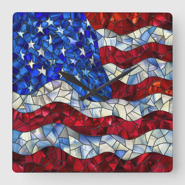 Amerikanische Fahne verkleidete Glashütte Quadratische Wanduhr (Vorderseite)