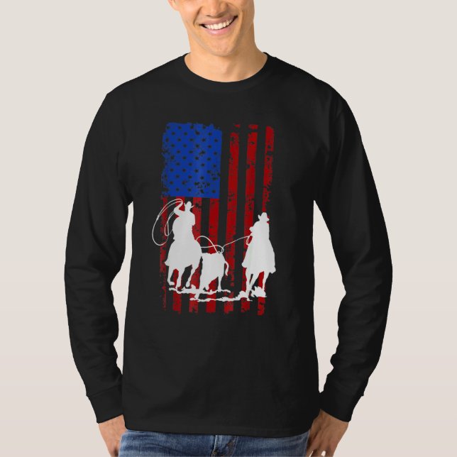 Amerikanische Flag Team Roping Pferd 4. Juli Patri T-Shirt (Vorderseite)