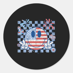 Amerikanische Flagge 4. Juli Groovy lächelnd Gesic Runder Aufkleber