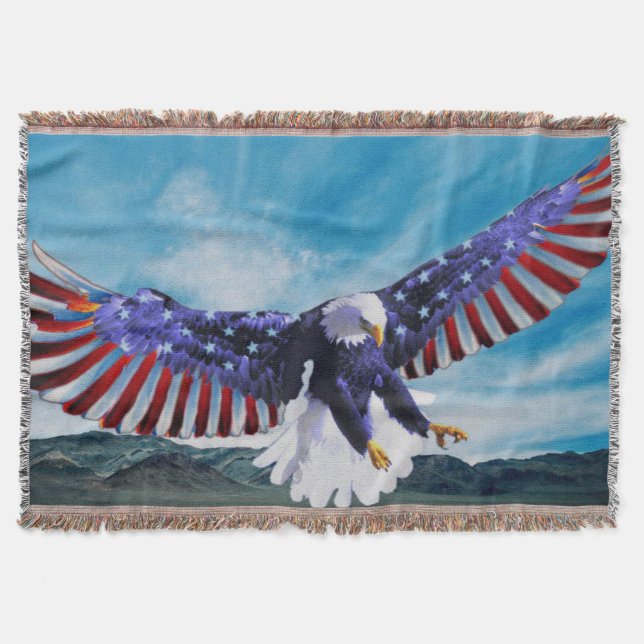 Amerikanische Flagge Adler fliegt im hellblauen Hi Decke (Vorderseite)
