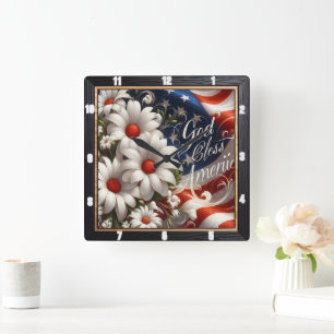 Amerikanische Flagge Daisies Patriotisch Quadratische Wanduhr