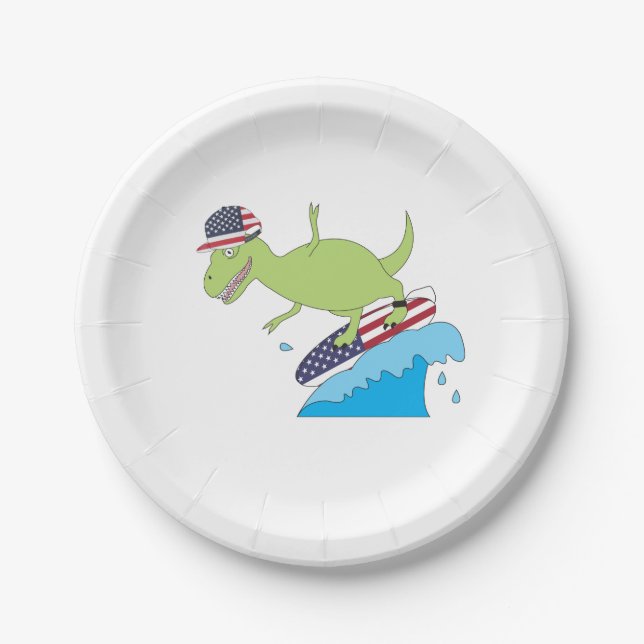 Amerikanische Flagge Dinosaurier Surfing Pappteller (Vorderseite)