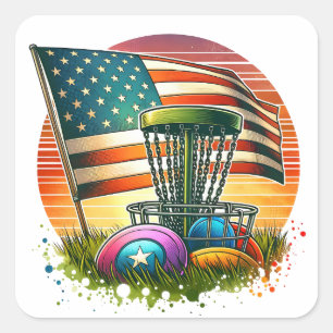 Amerikanische Flagge Disc Golf Vintage Sonne Quadratischer Aufkleber
