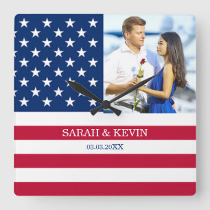 Amerikanische Flagge für benutzerdefiniertes Foto Quadratische Wanduhr