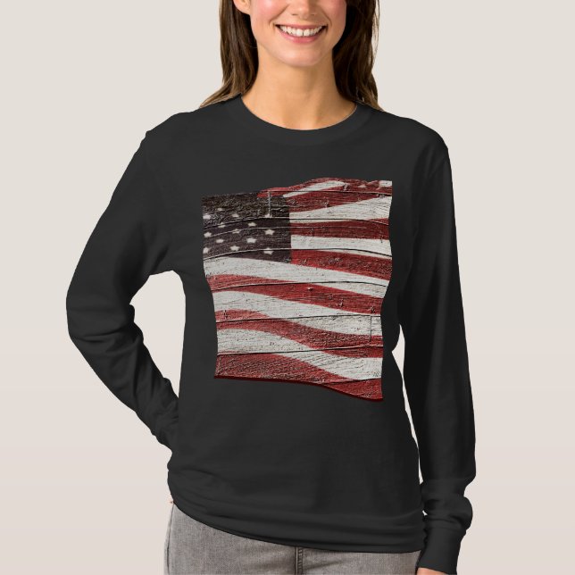 Amerikanische Flagge für rustikale Holztextur T-Shirt (Vorderseite)