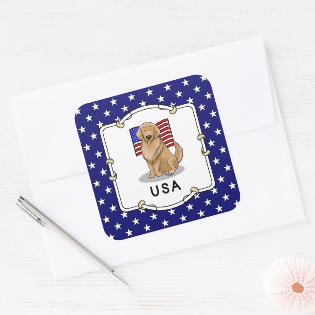 Amerikanische Flagge Golden Retriever Dog Patrioti Quadratischer Aufkleber (Umschlag)