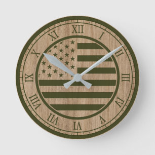 Amerikanische Flagge Grüne Armee Runde Wanduhr