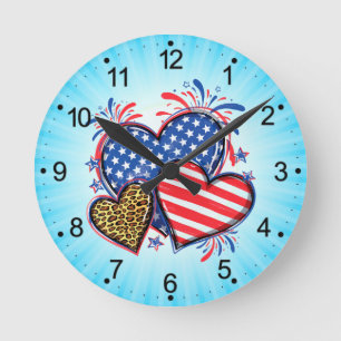 Amerikanische Flagge Herz Leopard Sublimation-6421 Runde Wanduhr