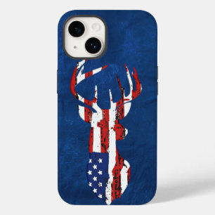 Amerikanische Flagge Hirsch auf blauem Leder Case-Mate iPhone 14 Hülle
